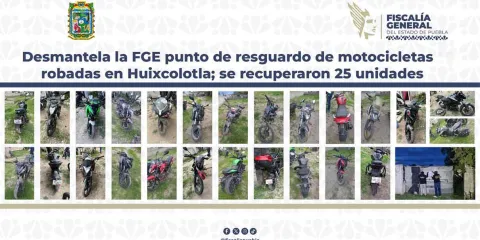 Fiscalía de Puebla desmantela almacén clandestino con 25 motocicletas robadas en Huixcolotla