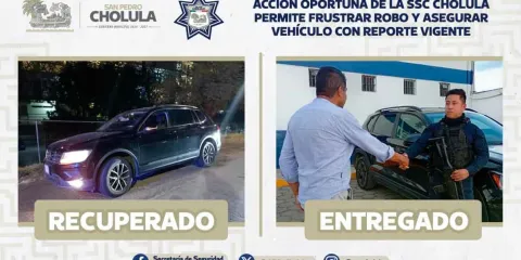 Acción oportuna de la SSC Cholula permite frustrar robo y asegurar vehículo con reporte vigente