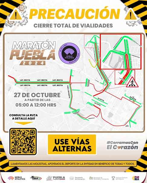 Cierre de vialidades este domingo por el Maratón de Puebla