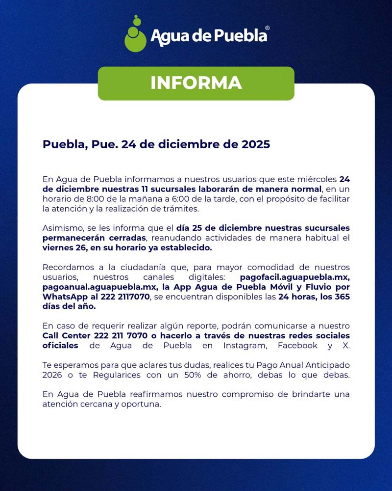 Agua de Puebla anuncia horarios especiales por Navidad