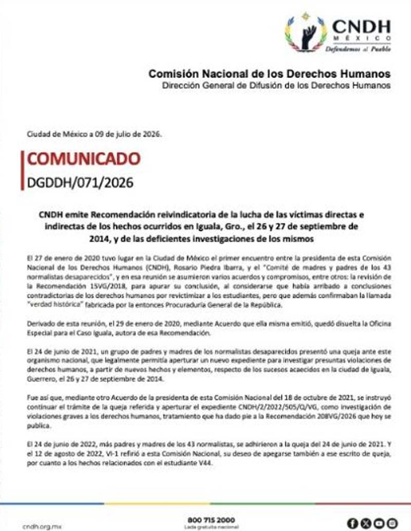CNDH concluye que el Ejército no participó en la desaparición de los 43 normalistas