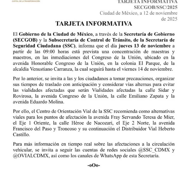 Paro nacional de la CNTE: bloqueos y marchas en CDMX y 20 estados este 13 y 14 de noviembre
