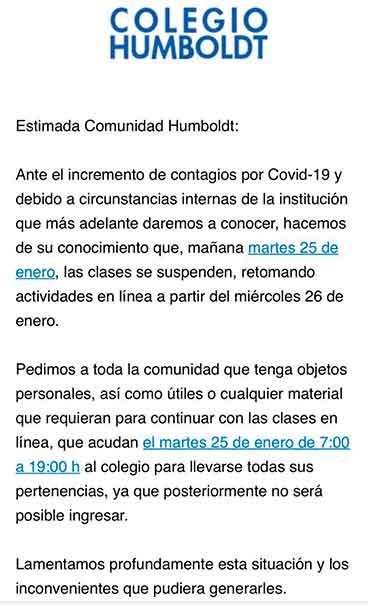 Contagios Covid manda de vuelta a clases virtuales al Colegio Humboldt