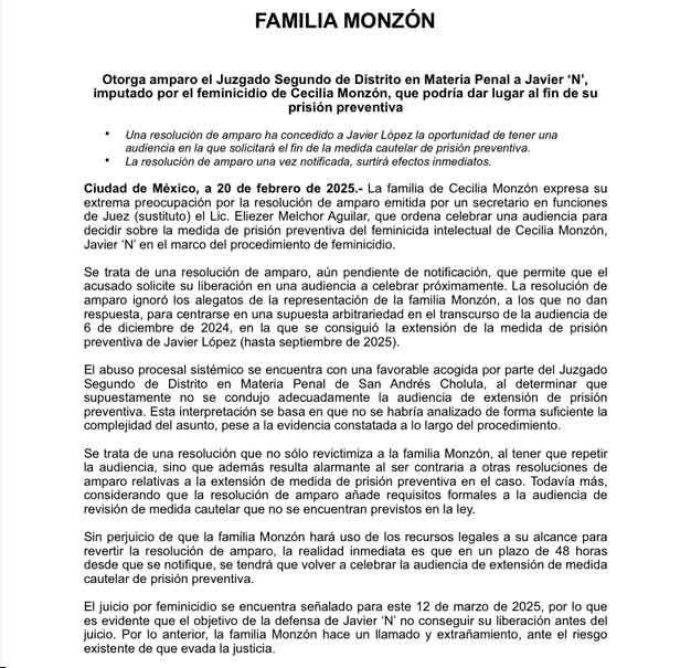 López Zavala está a un amparo de obtener su libertad, teme la familia Monzón