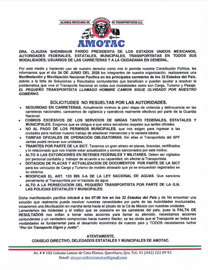 Megabloqueo nacional carretero este MIÉRCOLES; en Puebla habrá 8 tramos cerrados