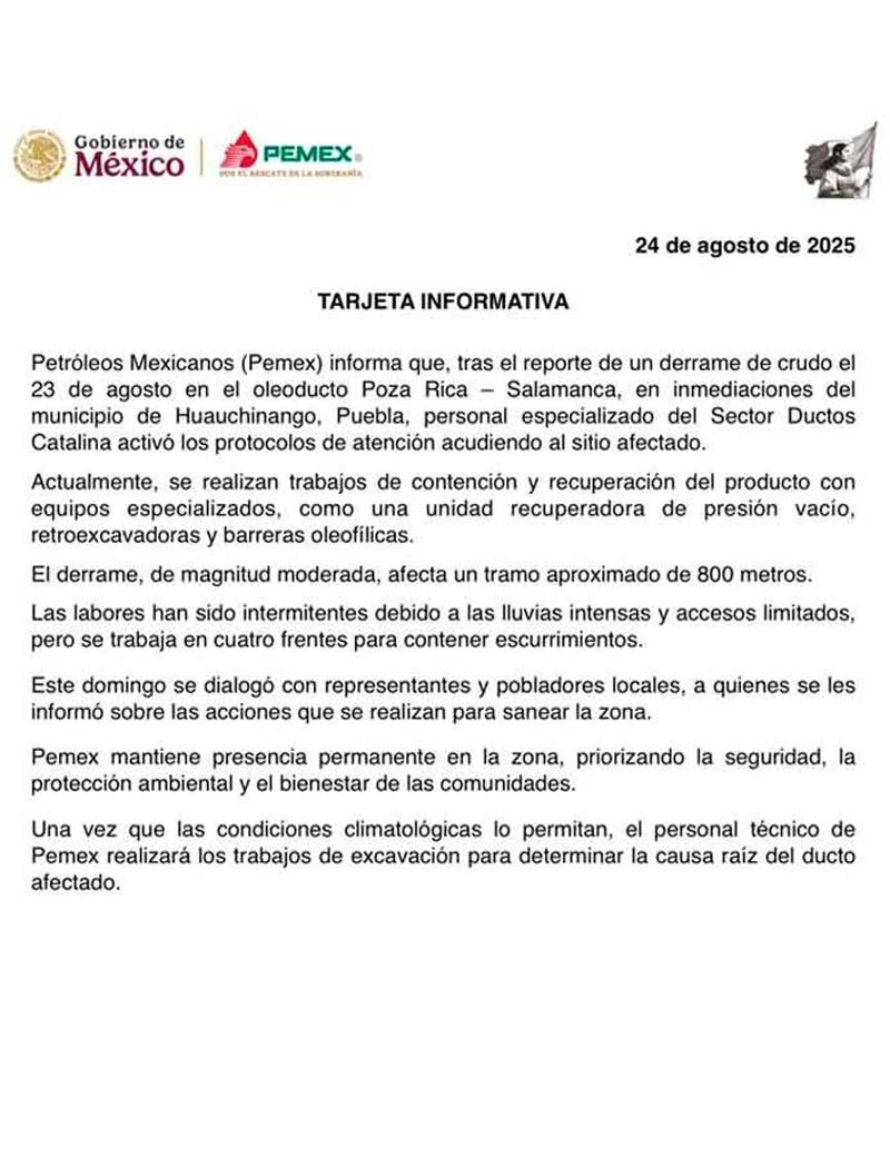 Pemex contiene derrame de combustible en Cuaxicala, Huauchinango