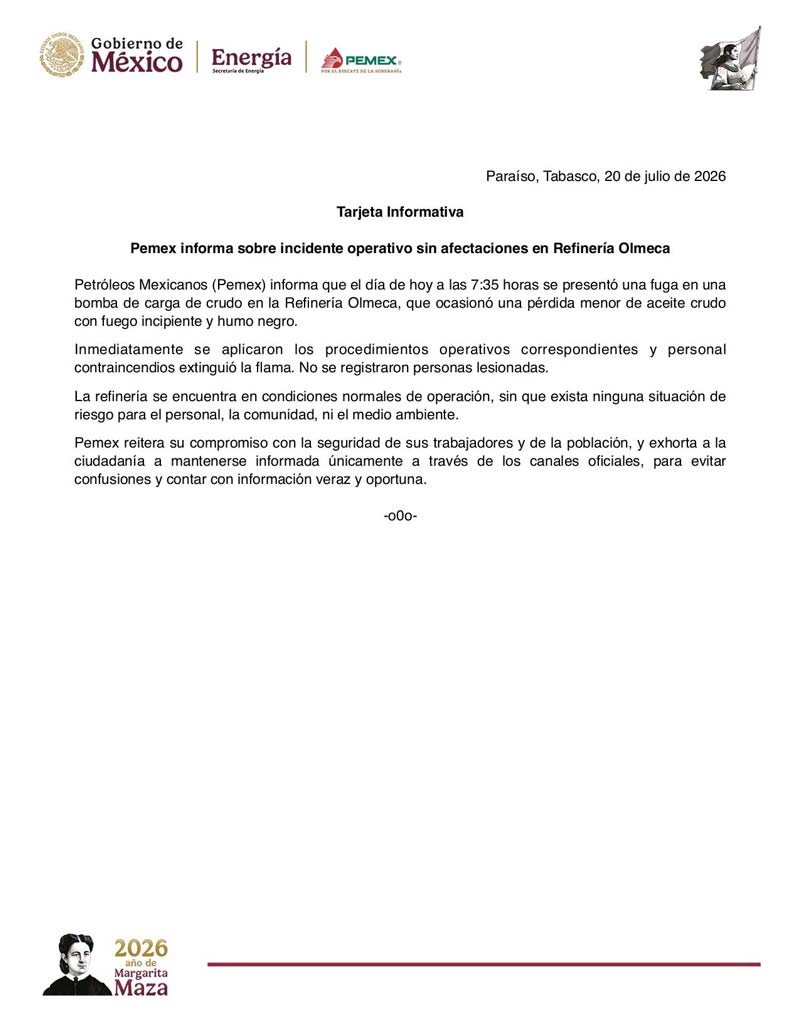 Nueva fuga en la refinería Olmeca provoca conato de incendio en Dos Bocas
