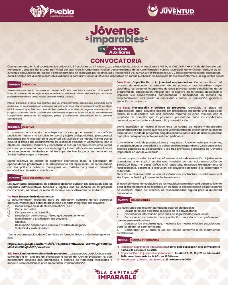 Convocatoria Jóvenes Imparables impulsa proyectos productivos en Juntas Auxiliares