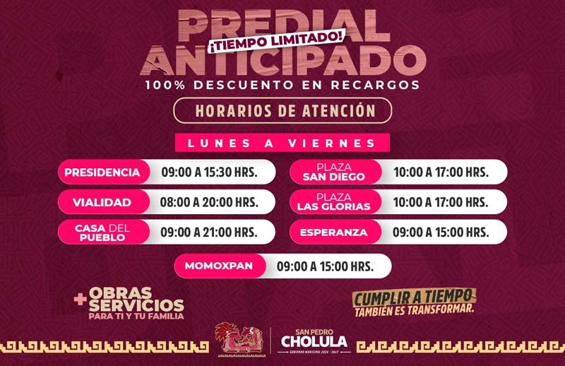 Últimos días para aprovechar descuentos históricos en el predial en San Pedro Cholula