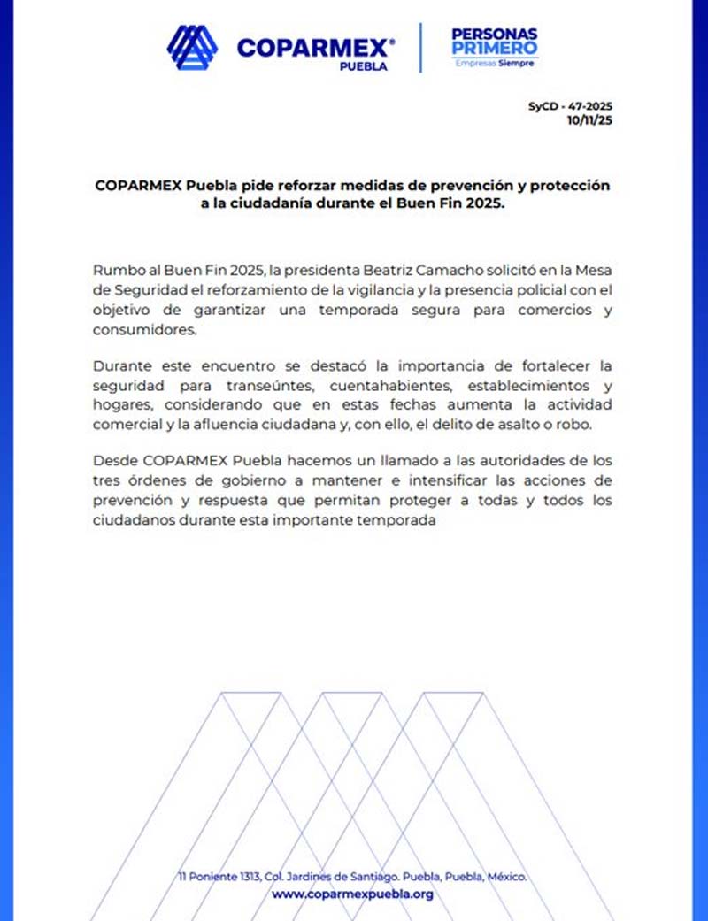 Coparmex solicitó mayor despliegue policial en la capital durante el BUEN FIN