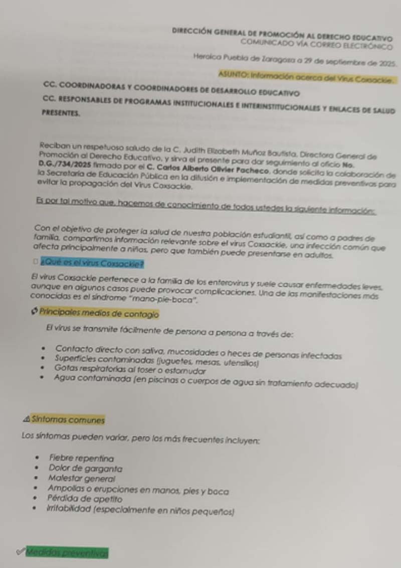 SEP Puebla confirma contagios de virus Coxsackie en escuelas de Chalchicomula y Tlachichuca