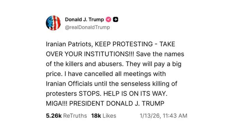 “La ayuda está en camino”: Trump llama a derrocar al régimen iraní desde las calles