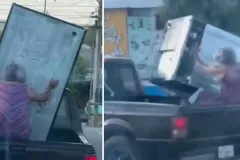 Refrigerador sale volando luego de que abuelita ya no pudiera agarrarlo