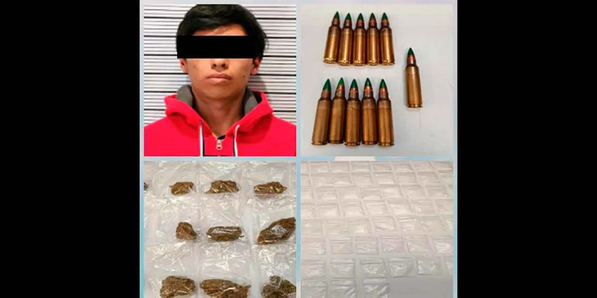 CAE sujeto con drogas y cartuchos de uso exclusivo del Ejército en Texmelucan