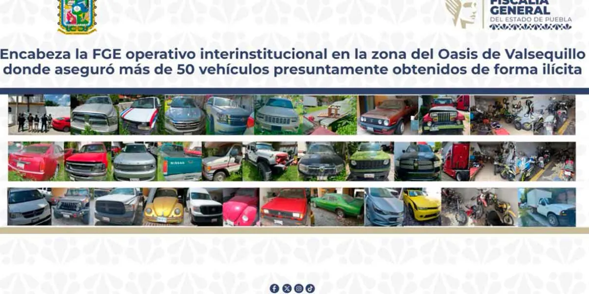 Fiscalía de Puebla asegura más de 50 vehículos robados en cateo en Valsequillo