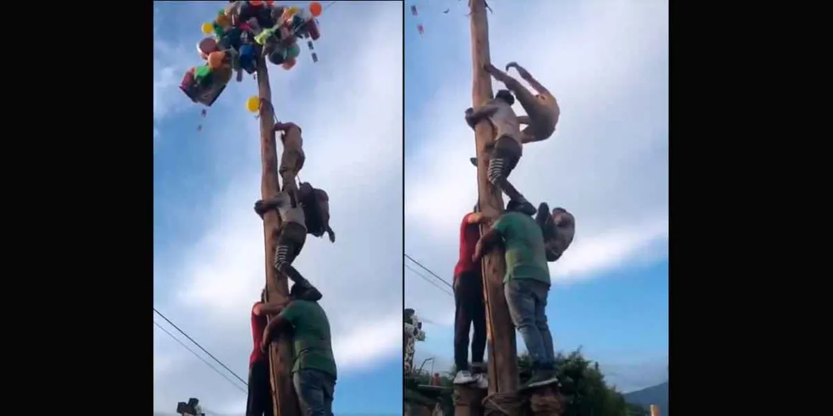 VIDEO. Dos jóvenes caen desde siete metros durante palo encebado en Uruapan, Michoacán