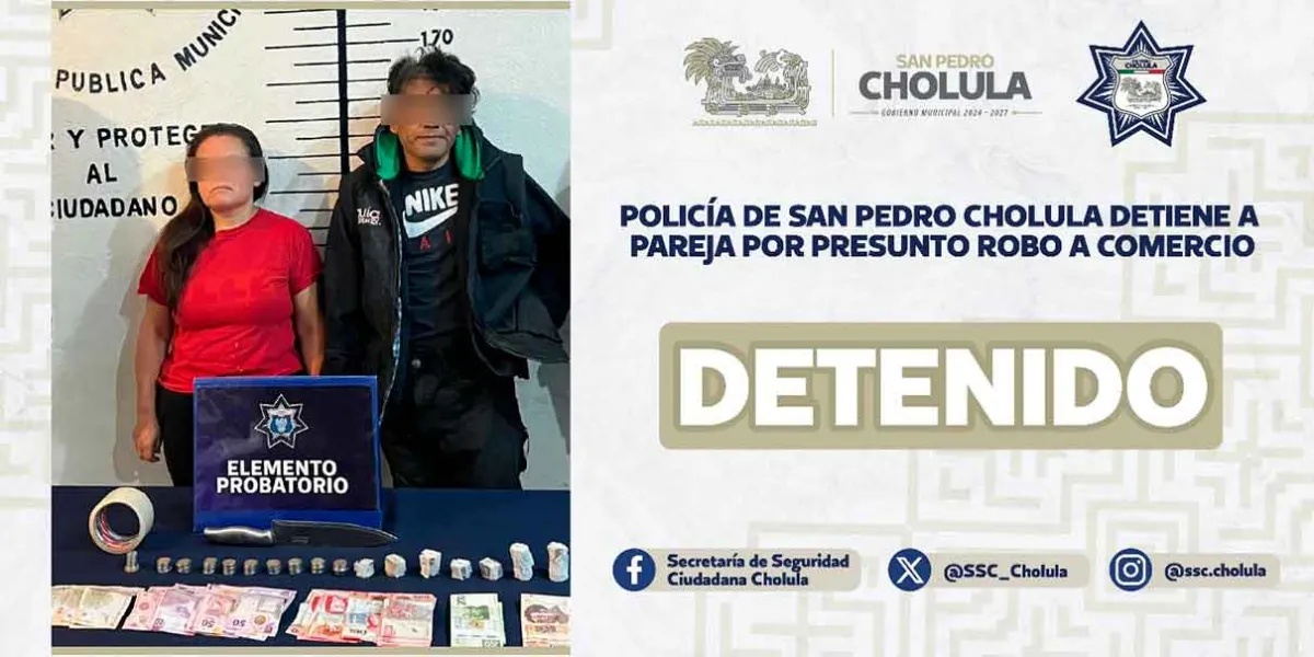 Detienen en San Pedro Cholula a dos presuntos responsables de robo a comercio