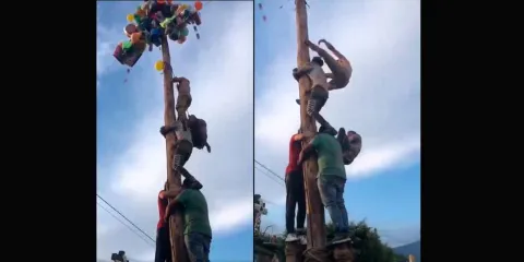 VIDEO. Dos jóvenes caen desde siete metros durante palo encebado en Uruapan, Michoacán