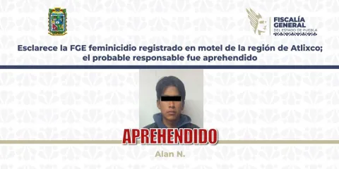 Alan N., de 23 años, aprehendido por feminicidio en motel de Atlixco