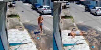 VIDEO. KARMA, mujer derrocha agua afuera de su casa y luego sufre terrible caída 